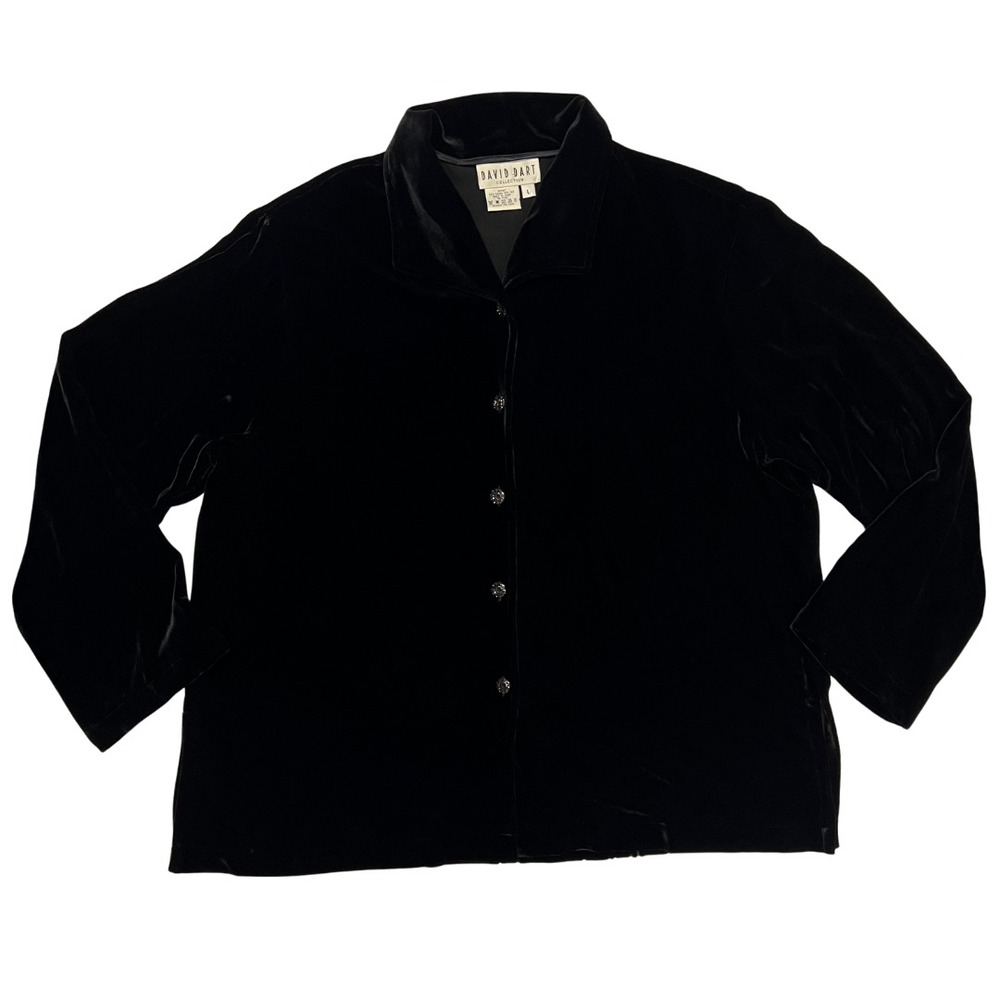 David‎ Dart Velvet Button Up Jacket Top Black Floral Back Print Women L